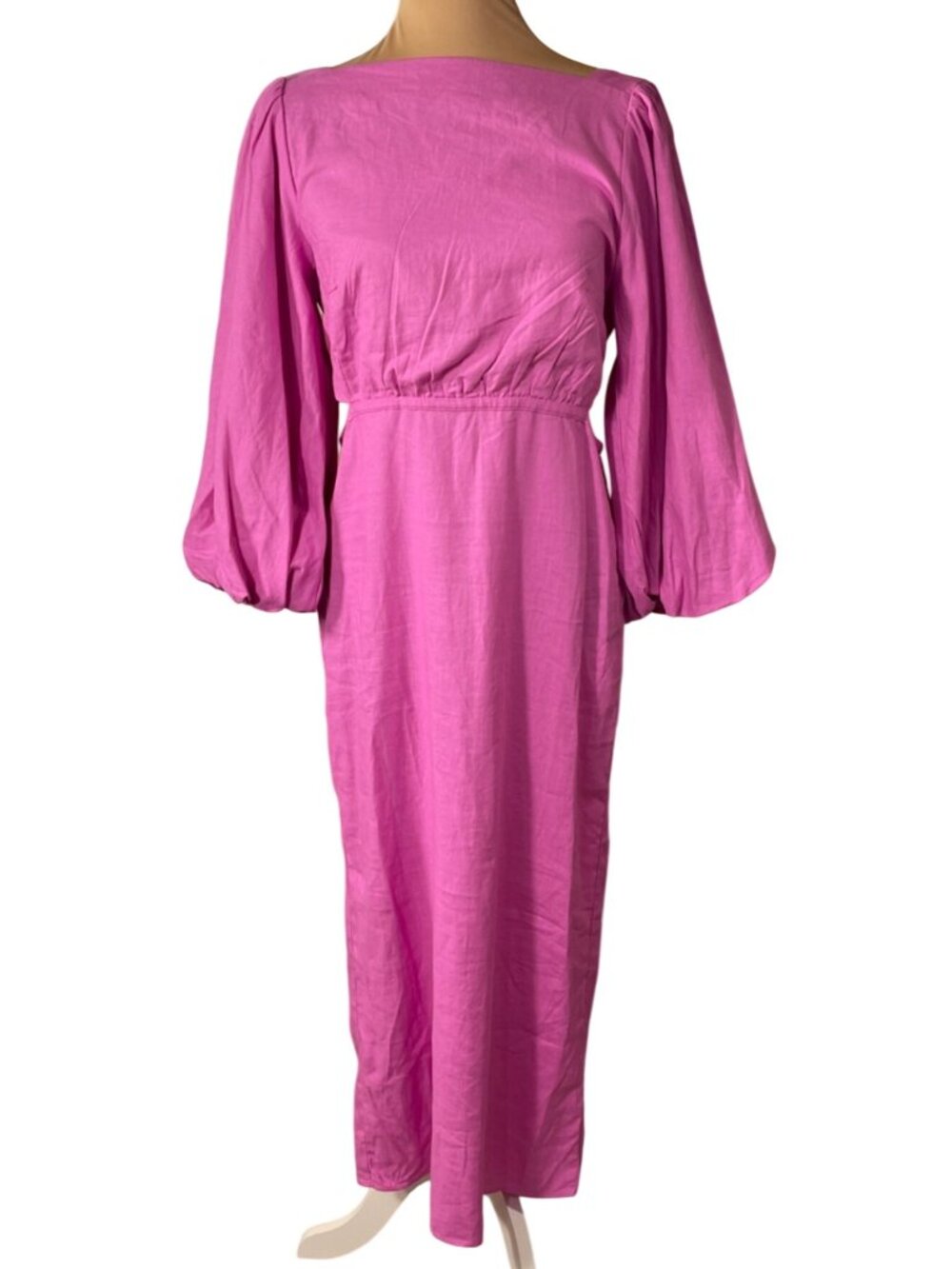 NWT Ann Taylor Linen Blend Puff Sleeve Midi Dress Size 4 Pink Cut Out Sides Midi